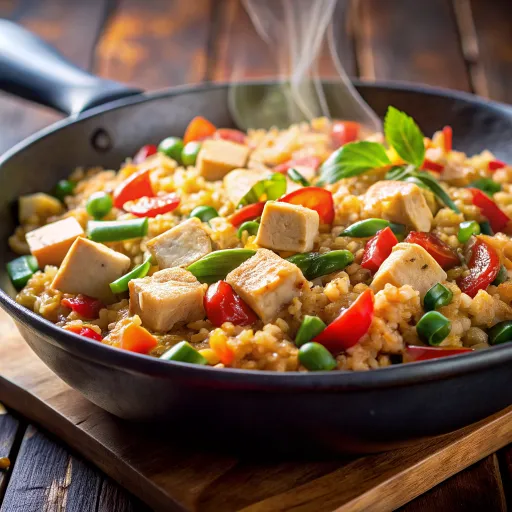 ข้าวผัดสมุนไพรไทยกับเต้าหู้และพริกหยวก